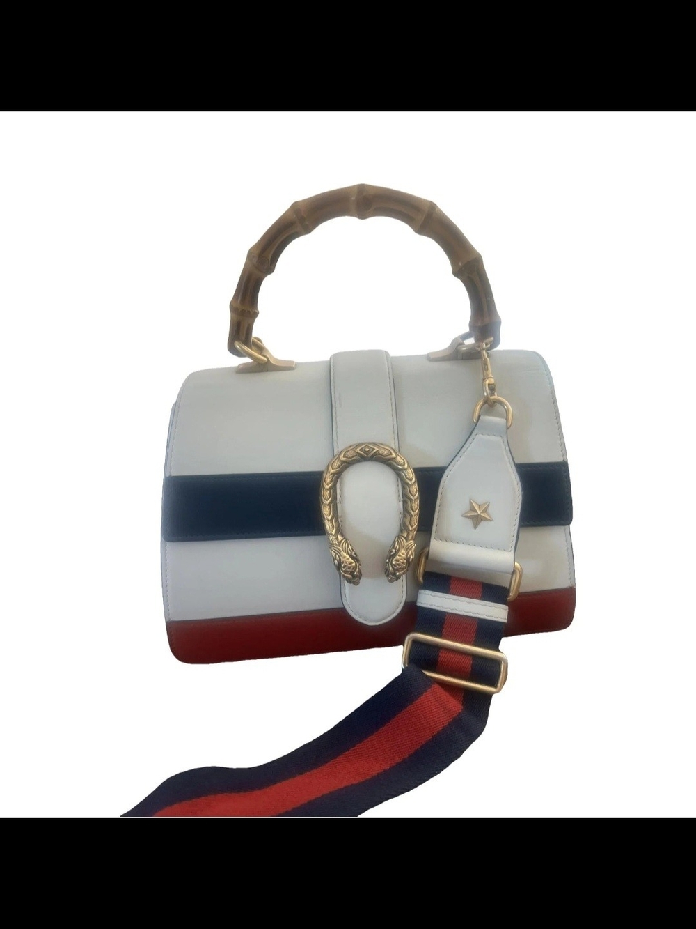 Authentic Gucci Medium Dionysus Tricolor Bamboo Top Handle Leather Handbag